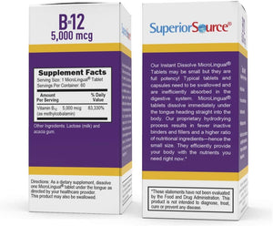 Superior Source No Shot Vitamin B12 Methylcobalamin, Quick Dissolve Sublingual Tablets, Active Form of B12, Increase Metabolism, Energy Production, Nervous System Support, Non-GMO (Vitamin B12 5,000mcg)