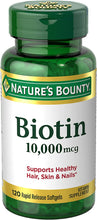 Load image into Gallery viewer, Nature’s Bounty Biotin, Supports Healthy Hair, Skin and Nails, 10000 mcg, Rapid Release Softgels, 120 Ct