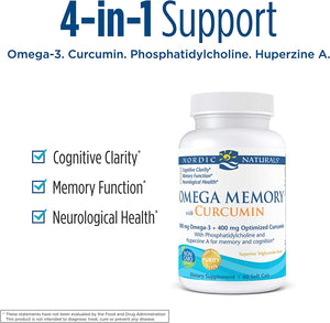 Nordic Naturals Omega Memory with Curcumin, Lemon - 60 Soft Gels - 1000 mg Omega-3 + 400 mg Optimized Curcumin - Memory, Cognition - Contains Phosphatidylcholine & Huperzine A - Non-GMO - 30 Servings