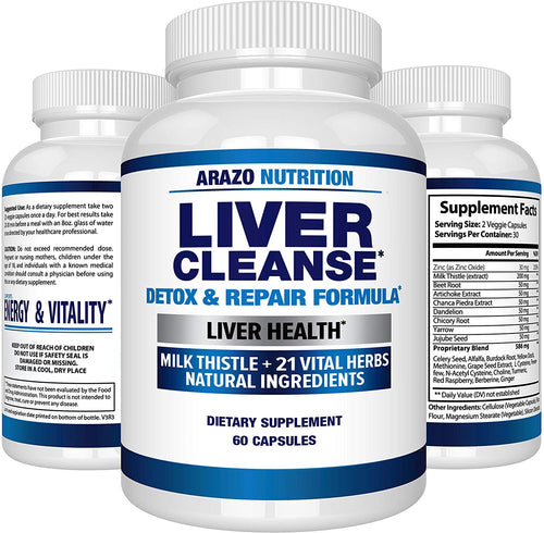 Liver Cleanse Detox & Repair Formula – 22 Herbs Support Supplement: Milk Thistle Extracts Silymarin, Beet, Artichoke, Dandelion, Chicory Root – Arazo Nutrition USA