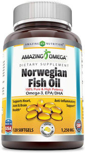 Amazing Omega Norwegian Fish Oil 1250mg 120 Softgels - Supports Anti-inflammatory, Heart, Joint & Brain Health (Lemon Flavor)