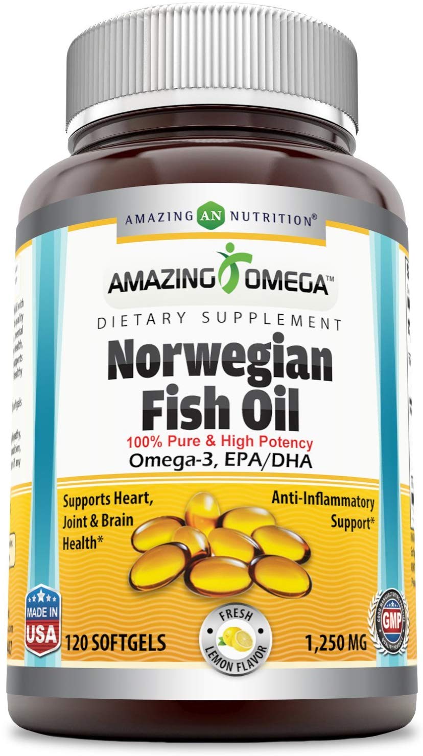 Amazing Omega Norwegian Fish Oil 1250mg 120 Softgels - Supports Anti-inflammatory, Heart, Joint & Brain Health (Lemon Flavor)
