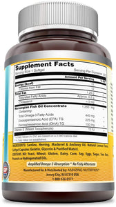 Amazing Omega Norwegian Fish Oil 1250mg 120 Softgels - Supports Anti-inflammatory, Heart, Joint & Brain Health (Lemon Flavor)