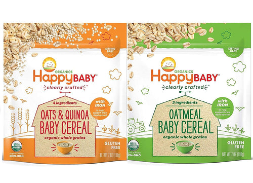 Happy Baby, Clearly Crafted Cereal (VARIETY PACK 2PK) - [Organic Whole Grain Oats and Quinoa] & [Organic Whole Grain Oatmeal], 7 Ounce, Organic Baby Cereal in a Resealable Pouch, with Iron to Support