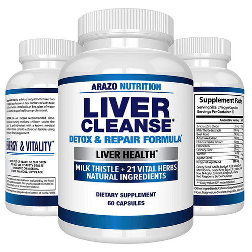 Liver Cleanse Detox & Repair Formula – 22 Herbs Support Supplement: Milk Thistle Extracts Silymarin, Beet, Artichoke, Dandelion, Chicory Root – Arazo Nutrition USA