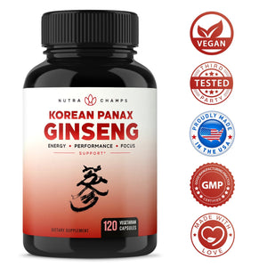 NutraChamps Korean Red Panax Ginseng 1000mg - 120 Vegan Capsules Extra Strength Root Extract Powder Supplement w/High Ginsenosides for Energy, Performance & Focus Pills for Men & Women
